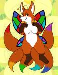 abstract_background antennae_(anatomy) anthro belly black_nose blue_eyes breasts brown_body brown_fur dipstick_tail eyelashes featureless_breasts featureless_crotch female fur half-closed_eyes insect_wings leg_markings lepidopteran_wings markings multi_tail multicolored_tail narrowed_eyes navel nude seductive smile socks_(marking) solo tail tail_markings white_body white_fur wings nishi_oxnard alynna canid canine fairy fairy_fox fox mammal 2017 absurd_res colorful_theme hi_res