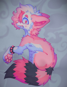 ambiguous_gender bracelet claws clenched_teeth feral fluffy fluffy_hair fluffy_tail freckled_face freckles fur glistening glistening_pawpads hair heart_symbol inner_ear_fluff jewelry looking_at_viewer looking_back looking_back_at_viewer markings multicolored_body pattern_background pawpads paws pink_body pink_claws pink_fur pink_nose pink_pawpads raised_paw simple_background solo spiked_bracelet spikes spiral spiral_eyes striped_markings striped_tail stripes tail tail_markings teeth tuft white_body white_fur m1ss1ngtexture tetris_(m1ss1ngtexture) canid canine canis domestic_dog mammal full-length_portrait hi_res portrait