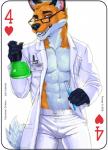 2018 abs anthro blue_eyes bottomwear canid canine card card_template clothed clothing coat copyright_symbol digital_media_(artwork) english_text eyewear fonyaa four_of_hearts fox fur glasses hearts_(suit) holding_object lab_coat looking_at_viewer male mammal muscular muscular_anthro muscular_male orange_body orange_fur orithan pants pecs playing_card playing_card_template red_fox science simple_background smile solo standing symbol teeth text topwear true_fox vial white_background white_body white_fur