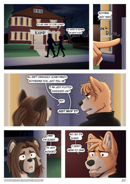 anthro argument clothing comic_panel dialogue duo female hair jacket long_hair male night silhouette speech_bubble text topwear flicklock britta_(flicklock) cane_(flicklock) canid canine mammal procyonid raccoon absurd_res comic english_text hi_res url