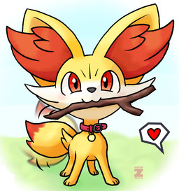 ambiguous_gender collar collar_tag feral fetch heart_symbol looking_at_viewer simple_background solo stick tail tail_motion tailwag tamix nintendo pokemon fennekin generation_6_pokemon pokemon_(species)