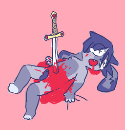 anthro blood bodily_fluids corpse crying death fangs genitals gore lying male melee_weapon on_back penis pink_background purple_penis simple_background solo stab sword tears teeth weapon bravobunny lagomorph leporid mammal rabbit full-length_portrait portrait