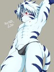 abs anthro blue_body blue_ears blue_fur blue_hair blue_stripes blue_tail blush bulge clothed clothing fur genitals hair male markings multicolored_body multicolored_ears multicolored_fur multicolored_hair navel nipples partially_clothed penis pink_nipples pose red_eyes solo striped_body striped_fur striped_markings striped_tail stripes tail tail_markings topless two_tone_body two_tone_ears two_tone_fur two_tone_hair two_tone_tail chirasgi onmyou_taisenki kogenta_(onmyou_taisenki) felid mammal pantherine tiger 2023 dated hi_res