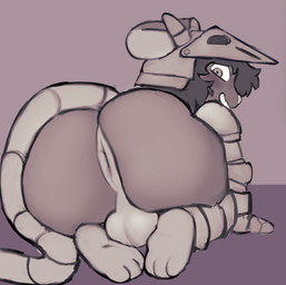 all_fours anthro anus armor backsack balls big_butt blush brown_background brown_body brown_fur brown_hair butt feet fur genitals hair headgear helmet humanoid_feet looking_at_viewer looking_back male nude plantigrade presenting presenting_anus presenting_hindquarters simple_background smile solo tan_anus tan_balls thick_thighs wide_hips oculi mammal mouse murid murine rodent