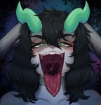 anthro antlers black_hair blush bodily_fluids countershade_face countershade_fur countershade_neck countershading female female_anthro forest front_view fur gaping_mouth glistening glistening_tongue green_eyes green_horn green_pupils grey_body grey_ears grey_fur hair horn inner_ear_fluff long_hair looking_at_viewer monotone_hair mouth_shot multicolored_body multicolored_fur night nude open_mouth outside pink_inner_ear pink_tongue plant pupils saliva saliva_on_tongue saliva_string sky solo teeth tongue tongue_out tree tuft two_tone_body two_tone_fur uvula white_body white_countershading white_fur white_inner_ear_fluff hunggrycroissant jackalope lagomorph mammal 2024 absurd_res colored digital_media_(artwork) headshot_portrait hi_res portrait shaded