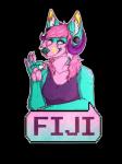 anthro black_background blue_eyes claws clothing ear_piercing female gesture hair hand_gesture horn looking_at_viewer ok_sign one_eye_closed piercing pink_hair simple_background smile solo spots text tongue wink themiserabledog fiji_(johann) canid canine fox mammal