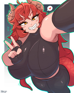 big_breasts breasts clothed clothing female fingerless_gloves gesture gloves hair hand_gesture handwear heart_symbol horn looking_at_viewer orange_eyes red_hair red_tail simple_background smile smiling_at_viewer solo tail v_sign edalv mythology vtuber zentreya animal_humanoid dragon dragon_humanoid horned_humanoid humanoid mythological_creature mythological_scalie scalie scalie_humanoid 2026 4:5 hi_res