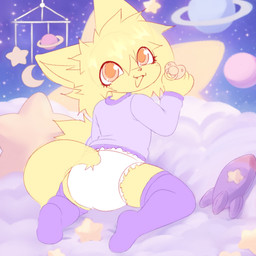 abdl age_regression anthro baby_fur clean_diaper clothed clothing cloud cozy diaper dress female feral fluffy hoodie kemono littlespace moon neonate pacifier plushie sky solo star topwear wearing_diaper young wayletuwu little_one domestic_cat felid feline felis mammal 1:1 hi_res pastel_theme