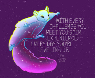 3_toes 4_fingers ambiguous_gender black_eyes cosmic_fur feet feral fingers fluffy fluffy_tail positive_message purple_background simple_background smile solo space star tail text toes the_latest_kate australian_possum mammal marsupial petaurid sugar_glider english_text