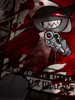 anthro biped black_body black_fur blood bodily_fluids bullet bullet_casing bullet_hole clothed clothing cowboy cowboy_hat fur gun handgun hat headgear headwear holding_object male monotone_body monotone_fur ranged_weapon red_eyes revolver sharp_teeth smile solo teeth text wanted_poster weapon carbontrioxide mewgenics zodiac_(mewgenics) domestic_cat felid feline felis mammal 2026 digital_media_(artwork) english_text hi_res signature