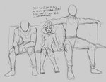 anthro clothing dialogue feet group horn humanoid_feet male male/male muscular plantigrade questionable_consent shirt shy simple_background size_difference spots tank_top text topwear dedzomby anon mei_yagi bovid caprine goat human humanoid mammal black_and_white english_text monochrome sketch story story_in_description translated