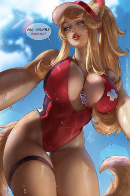 big_breasts blonde_hair blue_eyes breasts clothing dialogue female fluffy fluffy_tail hair legband lips long_hair looking_at_viewer markings one-piece_swimsuit solo speech_bubble swimwear tail text thick_lips thick_thighs thighband wet whisker_markings whistle_(object) wide_hips olchas league_of_legends riot_games tencent ahri_(lol) animal_humanoid canid canid_humanoid canine canine_humanoid fox_humanoid humanoid mammal mammal_humanoid 2026 english_text hi_res