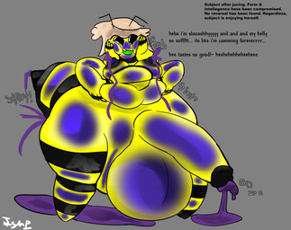 4_arms after_inflation anthro big_abdomen blue_spots blueberry_inflation bodily_fluids breasts butt cum dialogue female_orgasm genital_fluids herm inflation intelligence_loss intersex lactating lactating_juice leaking_cum leaking_juice monobutt multi_arm multi_limb orgasm overweight permaberry sloshing_belly solo spots stripes text unusual_bodily_fluids unusual_lactation ishitmypants vene_(ishitmypants) arthropod bee hymenopteran insect english_text