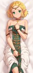 blonde_hair bracelet clothed clothing crown dakimakura dress female green_eyes hair headgear humanoid_pointy_ears jewelry light_body light_skin lying necklace not_furry on_back solo tiara iwbitu nintendo tears_of_the_kingdom the_legend_of_zelda princess_zelda humanoid hylian 2023 dakimakura_design