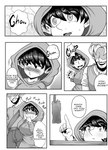 big_breasts black_nails blush breasts clothed clothing colored_nails dialogue eating female food hair hoodie humanoid_pointy_ears jerky male meat nails not_furry pointy_ears short_stack text topwear martincorps darren_(martincorps) gobu goblin human humanoid mammal absurd_res comic english_text hi_res monochrome