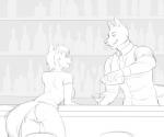 6:5 alcohol anthro anus bar bartender bent_over beverage bottomless bottomless_bar breasts butt canid canine canis clothed clothing digital_drawing_(artwork) digital_media_(artwork) domestic_dog duo exhibitionism female fuzzies4you genitals hi_res husky hyena male male/female mammal merun_connor monochrome necktie nordic_sled_dog partially_clothed public pussy rear_view riina_(bottomless_bar) spitz spotted_hyena