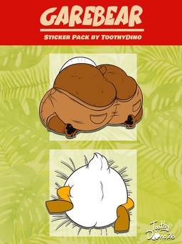 anthro big_butt bottom_heavy bottomless bottomwear brown_body brown_fur butt butt_stuck clothed clothing detailed_background duo faceless_anthro faceless_character faceless_male feathers fur huge_butt leaf_background male membrane_(anatomy) monobutt multicolored_body multicolored_fur overweight overweight_anthro overweight_male pawpads paws pear-shaped_figure shorts sticker sticker_pack struggling_to_fit stuck text thick_thighs webbed_hands white_body white_feathers wide_hips toothydino dylan_drake_(garebearstare) garebear_(garebearstare) anatid anseriform avian bear bird brown_bear duck grizzly_bear mammal ursine 2026 artist_name hi_res signature