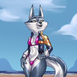 anthro beach bikini clothed clothing female jacket open_clothing open_jacket open_topwear outside skimpy solo swimwear topwear two-piece_swimsuit underwear hexecat illumination_entertainment sing_(movie) porsha_crystal canid canine mammal 1:1 absurd_res hi_res