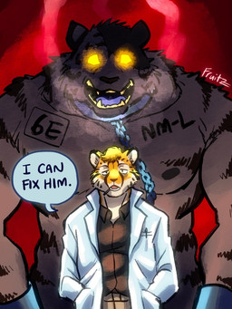 anthro biting_on_toothpick black_clothing black_shirt black_topwear chain clothed clothed_anthro clothed_male clothing coat cuff_(restraint) duo fangs_bared fur glowing glowing_eyes grey_body grey_fur hands_in_both_pockets lab_coat looking_at_viewer looming_over male male/male markings muscular muscular_anthro muscular_male neck_cuff nipples nude nude_anthro orange_body orange_fur red_background restraints scientist shirt simple_background size_difference speech_bubble standing_behind steamy_breath striped_markings stripes text text_on_chest toothpick topwear unfastened_clothing white_body white_fur wrist_cuffs yellow_eyes fruitz cheetah felid feline mammal 3:4 hi_res