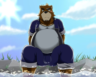 anthro belly bottomwear brown_body brown_fur bulge clothing fur male outside overweight overweight_anthro overweight_male pants shirt sitting solo topwear water baru_x2 morenatsu juuichi_mikazuki bear mammal 2015 5:4