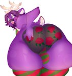 anthro antlers balls bent_over big_butt bikini bikini_top blush butt butt_grab clothed clothing crossdressing floral_pattern flower fur genital_outline genitals hair hand_on_butt horn huge_butt legwear male pattern_clothing pattern_legwear plant purple_body purple_fur purple_hair rose_(flower) slightly_chubby slightly_chubby_male solo stockings striped_clothing striped_legwear stripes swimwear thick_thighs two-piece_swimsuit atanaziamio ozzy_(baron-samedi) deer mammal new_world_deer reindeer hi_res