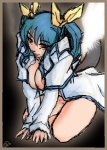 accessory blood blue_hair bodily_fluids bottomless bow_(feature) bow_accessory bow_ribbon breasts clothed clothing female hair hair_accessory hair_bow hair_ribbon half-closed_eyes kneeling narrowed_eyes nipples red_eyes ribbons solo firekitty arc_system_works guilty_gear dizzy_(guilty_gear) gear_(guilty_gear) human mammal alpha_channel