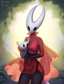 2_horns ambiguous_gender anthro between_breasts biped black_eyes breasts cloak clothing duo empty_eyes featureless_crotch female holding_breast horn melee_weapon moss plant standing sword weapon misslorel hollow_knight_(franchise) team_cherry hornet_(hollow_knight) the_knight_(hollow_knight) arthropod insect vessel_(species) 2025 absurd_res hi_res half_sister_(lore) sibling_(lore) sister_(lore)