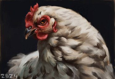 avian_caruncle black_background comb_(anatomy) dewlap_(anatomy) feathers female feral fluffy head_crest simple_background solo wattle white_body white_feathers yellow_eyes alexpahomov avian bird chicken galliform phasianid 2024 detailed digital_media_(artwork) digital_painting_(artwork) painting_(artwork) shaded