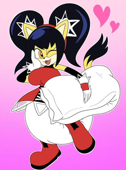 anthro big_diaper black_hair diaper female hair looking_at_viewer one_eye_closed solo wink winking_at_viewer yellow_body sippysips sega sonic_the_fighters sonic_the_hedgehog_(series) honey_the_cat felid feline mammal hi_res
