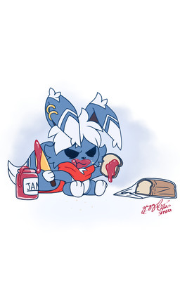 blue_body blue_eyes blue_fur bread fluffy food fur jelly_(food) knife looking_at_viewer piercing scarf solo white_body white_fur gingy_k_fox nintendo pokemon generation_6_pokemon meowstic pokemon_(species) hi_res