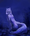 arm_fur claws female gradient_background hair lidded_eyes long_hair nude simple_background solo 12-tf canid canine canis fox mammal wolf black_and_blue monochrome