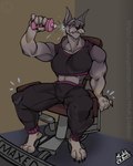 anthro biceps bulge claws clothed clothing exercise feet fur gym hair looking_at_viewer male muscular muscular_anthro muscular_male paws simple_background smile solo text toe_claws toes water water_spray workout workout_clothing workout_equipment mrwhitebear canid canine canis domestic_dog mammal schnauzer 4:5 absurd_res hi_res watermark