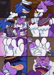 anthro barefoot blue_body clothing feet female foot_fetish foot_in_mouth foot_play foot_suck footwear green_eyes male purple_body shoes smile soles sucking toe_in_mouth toe_suck toes mintytempest sega sonic_the_hedgehog_(series) blaze_the_cat sonic_the_hedgehog domestic_cat eulipotyphlan felid feline felis hedgehog mammal absurd_res comic hi_res