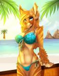 anthro bikini bikini_thong biped blue_eyes bra breasts clothed clothing eyelashes fangs female horn looking_at_viewer midriff navel outside panties skimpy smile solo standing swimwear teeth two-piece_swimsuit underwear aimi lunarii felid hybrid mammal 2015 digital_media_(artwork) shaded