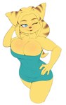 anthro big_breasts blue_eyes breasts brown_stripes cleavage clothed clothing curvy_figure female fur hair hand_on_hip one_eye_closed ponytail seductive smile solo stripes thick_thighs tube_dress voluptuous wide_hips wink yellow_body yellow_fur unknown_artist ratchet_and_clank sony_corporation sony_interactive_entertainment angela_cross alien lombax mammal 5:8 absurd_res hi_res