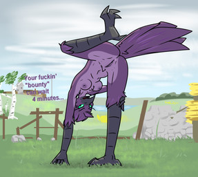 3_toes 5_fingers all_fours anthro areola arm_support asking_to_wait avian_feet beak birch_tree black_beak black_scutes breasts butt cloud collarbone countershade_fur countershading detailed_background dialogue ellipsis feather_hair feathers feet female female_anthro fence fingers forward_arm_support fur genitals glistening glistening_eyes glistening_genitalia glistening_vulva grass green_sclera humanoid_genitalia humanoid_vulva looking_at_viewer medium_breasts navel nipples no_irises non-mammal_breasts non-mammal_navel non-mammal_nipples non-mammal_vulva nude nude_anthro nude_female open_beak open_mouth outdoor_nudity outside plant presenting presenting_vulva profanity pseudo_hair pubes purple_body purple_countershading purple_fur purple_tail purple_text raised_leg scuted_arms scuted_legs scutes sky slim_anthro slim_female smile solo spread_legs spreading stretching tail tail_feathers talking_to_viewer text toes tree vulva ryofox630 avian bird 2022 cel_shading digital_media_(artwork) english_description english_text full-length_portrait portrait shaded