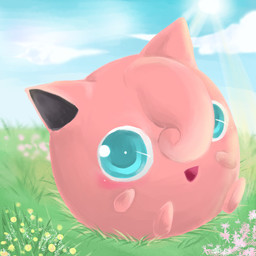 ambiguous_gender blue_eyes blush cloud flower grass head_tuft looking_at_viewer outside plant sitting sky solo sun tuft yukiirokumokakusi nintendo pokemon generation_1_pokemon jigglypuff pokemon_(species) waddling_head 1:1 low_res