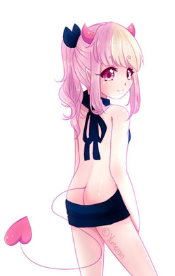 accessory bow_ribbon butt clothing female hair hair_accessory hair_bow hair_ribbon looking_at_viewer looking_back ribbons smile solo sweater topwear virgin_killer_sweater yumemin meme_clothing demon humanoid meme
