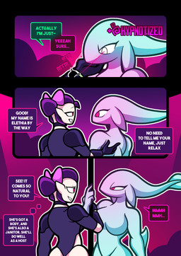 anthro black_choker black_clothing black_jewelry black_latex black_leotard black_necklace breasts choker clothing dialogue duo featureless_breasts featureless_crotch female head_tail hypnosis hypnotic_device jewelry latex latex_clothing latex_leotard leotard mind_control necklace nude nude_anthro nude_female pole red_eyes speech_bubble stripper_pole text rem_phase annette_(rem_phase) elethia_(elethiavt) fish human mammal marine shark 2025 absurd_res comic english_text hi_res