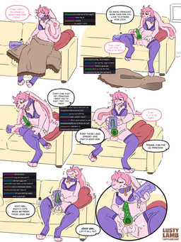 4_fingers amber_eyes anthro aroused_smile balls black_text blush blush_lines bodily_fluids bra breath chastity_cage chastity_device chastity_strap chat chat_box clothed clothing collar collar_tag color_coded_text cum cum_inside cum_while_chaste dialogue digitigrade dildo ejaculation ellipsis femboy fingers floppy_ears fur furniture genital_fluids genitals green_dildo green_strapon hair hands-free heart_collar_tag heart_symbol hearts_around_head inmon inside knot knotted_dildo legwear livestream logo long_ears looking_pleasured lop_ears male male_anthro mostly_nude_anthro mostly_nude_male motion_lines no_underwear on_sofa pawpads penetrable_sex_toy phantom_masturbation phantom_orgasm phantom_stimulation pillow pink_balls pink_body pink_ears pink_fur pink_hair pink_nose pink_text purple_bra purple_clothing purple_legwear purple_thigh_highs purple_underwear sex_toy simple_background slim_anthro slim_male snout sofa solo strapon strapon_over_chastity sweat sweaty_face talking_to_chat text thigh_highs underwear username wavy_mouth white_background womb_tattoo conditional_dnp lustylamb atticus_mura lagomorph leporid mammal rabbit 2024 artist_logo comic digital_drawing_(artwork) digital_media_(artwork) english_text url nonbinary_(lore)