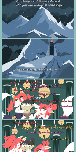 accessory anthro armor asian_clothing bell big_breasts black_hair breasts brown_eyes claws cleavage clothed clothing east_asian_clothing fangs female fire flower flower_in_hair fur group hair hair_accessory hairband japanese_clothing jewelry jingle_bell kimono larger_female licking licking_lips male male/female mountain necklace plant ponytail purple_eyes red_hair shoulder_armor size_difference smaller_male snow tan_body tan_fur teeth text tongue tongue_out trio shane_frost canid canine fox human mammal comic english_text hi_res sibling_(lore) sister_(lore) sisters_(lore) twins_(lore)
