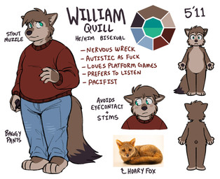 4_toes anthro autism barefoot biped blush blush_lines bottomwear brown_body brown_claws brown_fur brown_hair brown_nose brown_pawpads brown_tail_tip claws clothed clothing color_swatch countershade_feet countershading denim denim_bottomwear denim_clothing dipstick_tail eyebrows feet finger_claws fur hair head_tuft jeans long_sleeve_shirt male markings oversized_bottomwear oversized_clothing oversized_pants overweight overweight_anthro overweight_male pants pawpads paws plantigrade profanity red_clothing red_shirt red_topwear shirt simple_background solo sweater tail tail_markings tan_body tan_fur tan_inner_ear teal_eyes text toes topwear tuft white_background spudnikmutt will_(spudnikmutt) canid canine fox hoary_fox mammal south_american_fox english_text hi_res model_sheet
