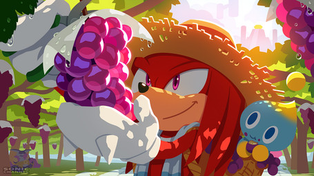 :t anthro basket biped black_nose blue_eyes clothing container dappled_light dappled_sunlight day dew eating food forest forest_background fruit fur gloves grape handwear hat headgear headwear holding_object holding_scissors light looking_up male master_emerald nature nature_background outside plant purple_eyes red_body red_fur scissors sky smile solo standing straw_hat sunlight towel towel_on_shoulder tree water white_clothing white_gloves white_handwear uno_yuuji sega sonic_channel sonic_the_hedgehog_(series) big_the_cat knuckles_the_echidna chao_(sonic) domestic_cat echidna felid feline felis mammal monotreme 16:9 2025 cel_shading digital_drawing_(artwork) digital_media_(artwork) lineless official_art shaded wallpaper widescreen