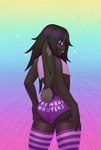 anthro black_body black_hair black_nose bottomwear clothing crop_top femboy floppy_ears hair holding_butt legwear long_ears long_hair looking_at_viewer lop_ears male purple_clothing purple_eyes rainbow_background rear_view shirt simple_background smile smiling_at_viewer solo sparkling_background tail tail_tuft thigh_highs tight_bottomwear tight_clothing topwear tuft insomniak891 femboy_hooters perditio lagomorph leporid mammal rabbit hi_res