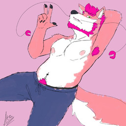 anthro arm_tuft armpit_hair beard body_hair bottomwear clothed clothing ear_piercing facial_hair fur gesture hand_gesture happy_trail male mustache nipples pants pecs piercing pincers pink_body pink_fur pubes purple_body shoulder_tuft solo topless tuft underwear whiskers white_body white_fur zordykeaboo keaboo canid canine canis domestic_dog hybrid mammal