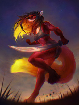 anthro clenched_teeth elemental_manipulation female fire fire_manipulation fur melee_weapon multicolored_body multicolored_fur muscular muscular_anthro muscular_female pose scimitar solo strong_female sword tail teeth weapon inkor inkor_(artist) canid canine fox mammal hi_res