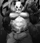 abs anthro bicep_curl biceps bottomwear bulge clothing detailed_bulge dumbbell erection erection_under_clothing exercise genital_outline male muscular muscular_anthro muscular_male nipples pants pecs penis_outline smoke solo weightlifting weights workout yunukopi beastars gouhin_(beastars) bear giant_panda mammal hi_res monochrome