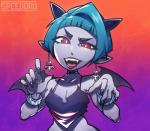2018 blood blue_hair bodily_fluids clothing ear_piercing english_text fangs female hair horn humanoid humanoid_pointy_ears lipstick makeup not_furry piercing purple_eyes solo speedoru teeth text vampire wings