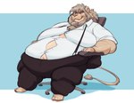 anthro belly big_belly button_(fastener) chair clothed clothing dress_shirt fur furniture male moobs obese obese_anthro obese_male office_chair overweight overweight_anthro overweight_male shirt sitting smile solo straining_buttons suit_pants suspenders tail tail_tuft tan_body tan_fur thick_thighs tight_clothing topwear tuft wardrobe_malfunction wide_hips ffanumber5 maximilian_lowe_(cirquedekink) felid lion mammal pantherine absurd_res hi_res