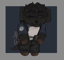 anthro belt black_body black_fur blue_eyes boots bottomwear chibi clothing eyebrows facial_hair fingerless_gloves footwear freckles fur gloves handwear male pants raglan_shirt shirt shoes smile solo technology thick_eyebrows topwear utility_belt cerberussenn noah_writhemann_(cerberussenn) bird_dog canid canine canis domestic_dog hunting_dog labrador mammal retriever absurd_res hi_res
